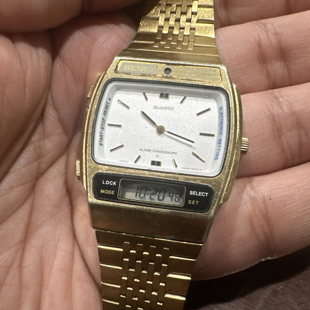 Working Vtg Seiko Quartz Analog/digital H259-5009 Gold Tone 33mm Mens Watch Rare